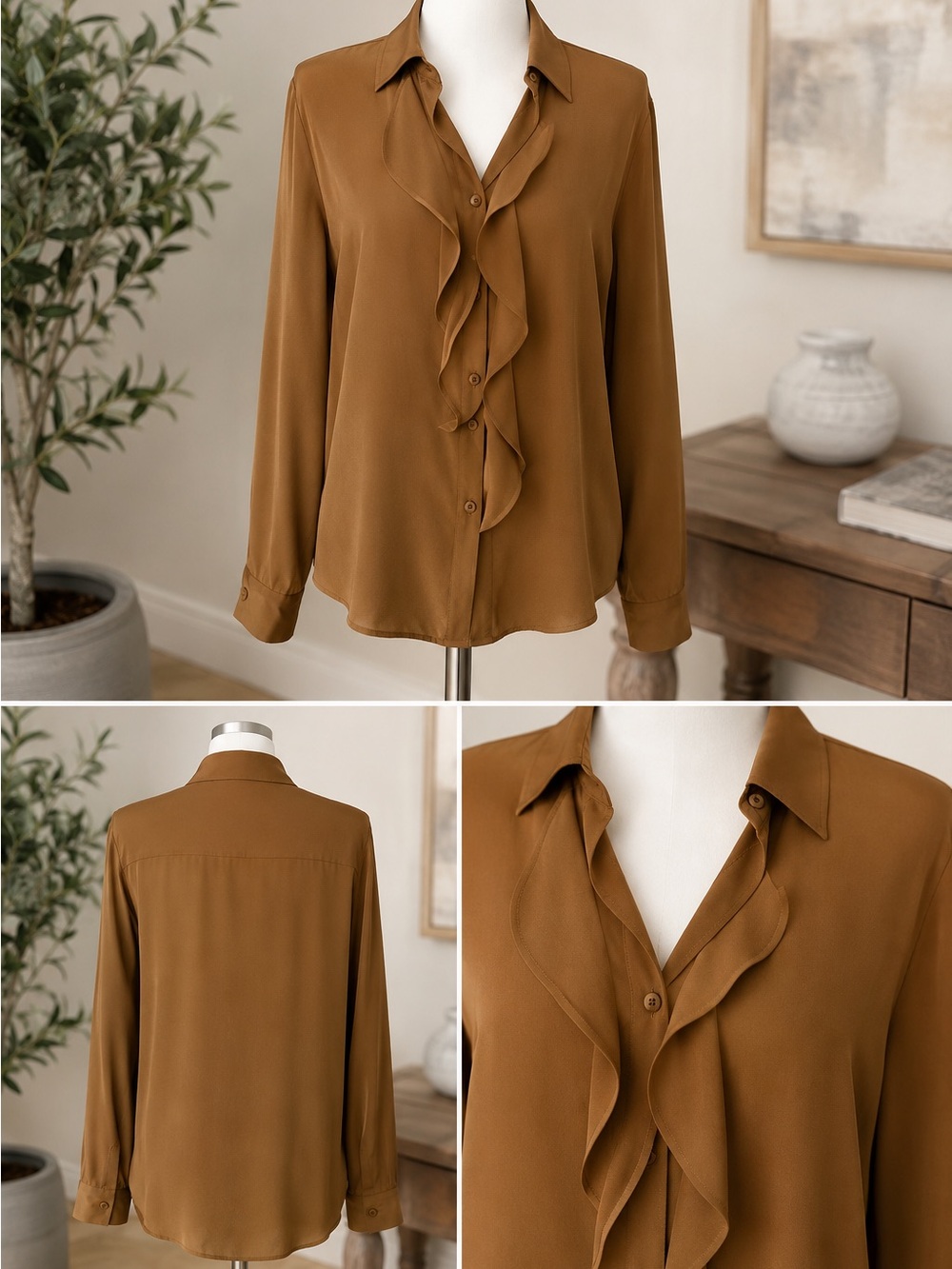 Chico's Brown Ruffle Front Button-Down Blouse